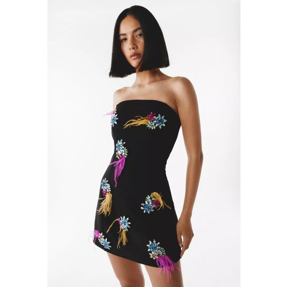 Premium Embellished Diamante Feather Strapless Dress